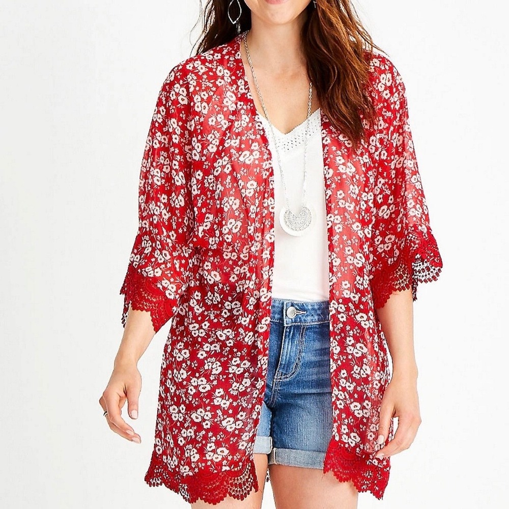 Maurices Ditsy Floral Kimono Wrap Crochet Lace‎ Sheer Open Front Plus Size 1 Red - Picture 7 of 8